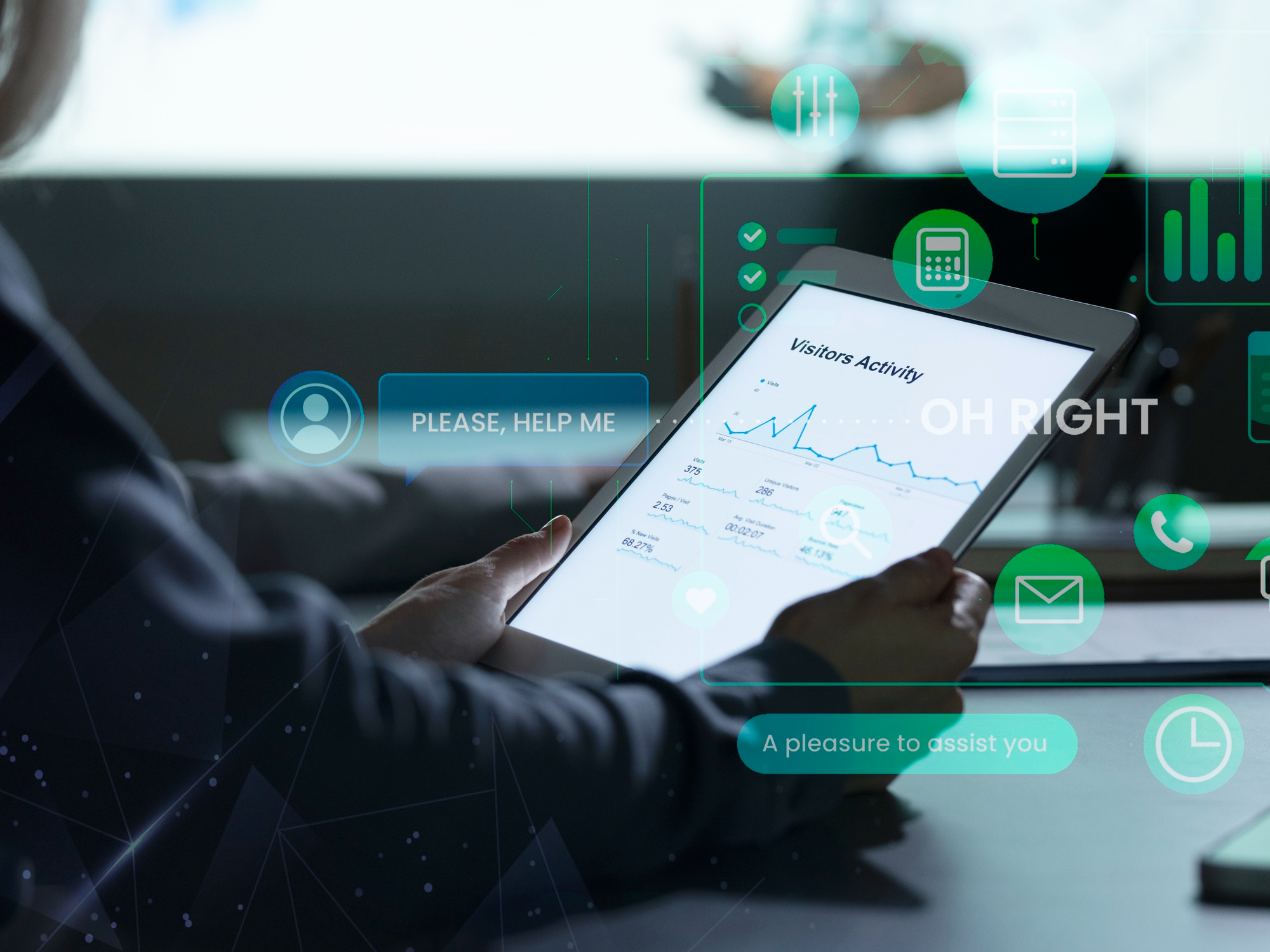 Tablet showing an AI support chat and analytics overlay