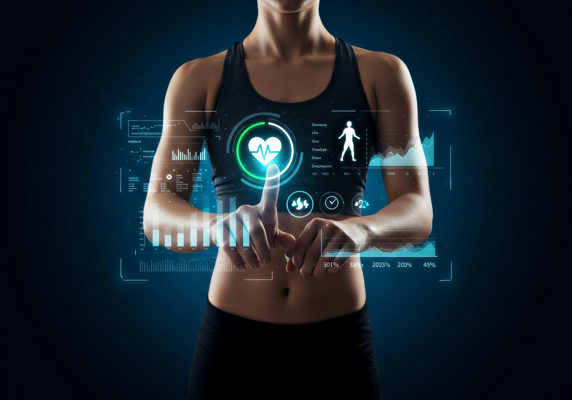 Person in fitness attire interacting with a holographic health dashboard