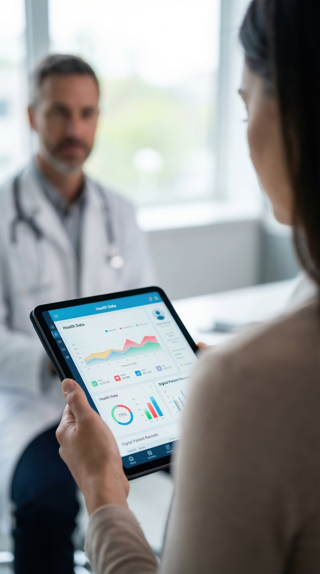 Patient reviewing a health data dashboard on a tablet during a doctor visit