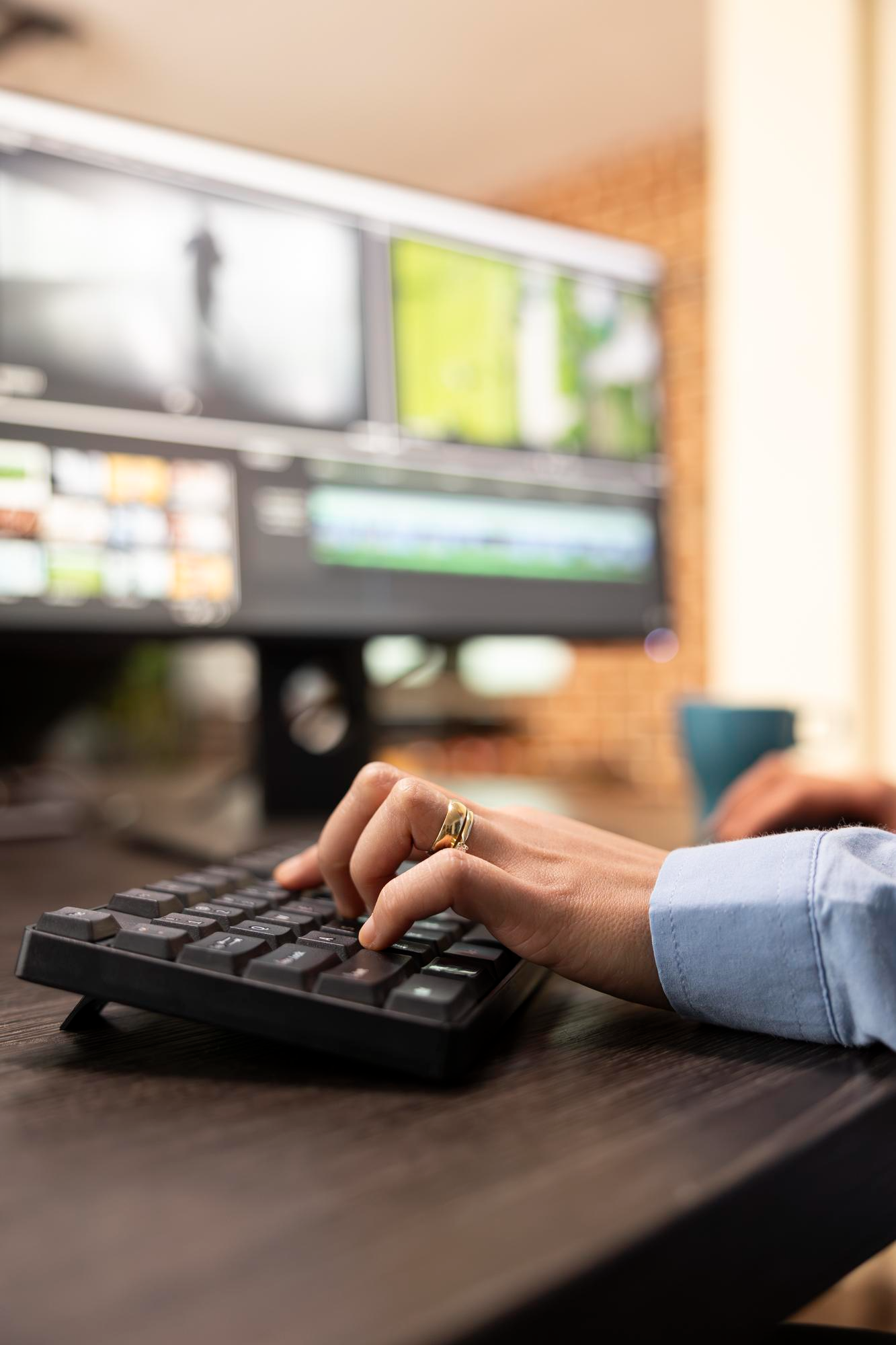 Editor working on a video timeline and color grade at a desk