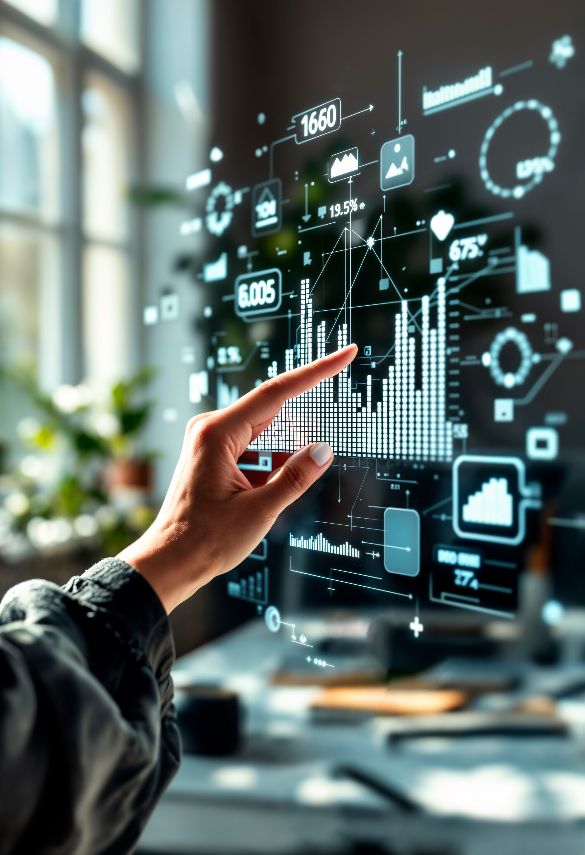 Hand interacting with a holographic analytics dashboard