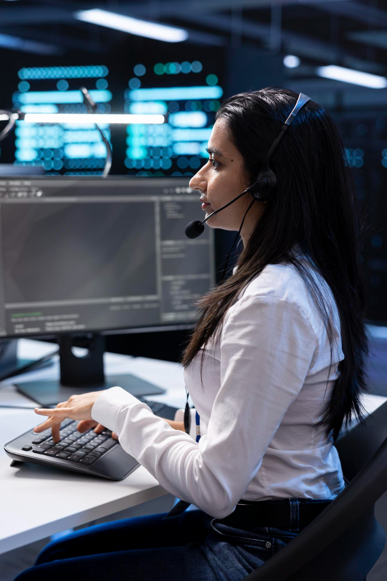 Support agent wearing a headset and monitoring network dashboards