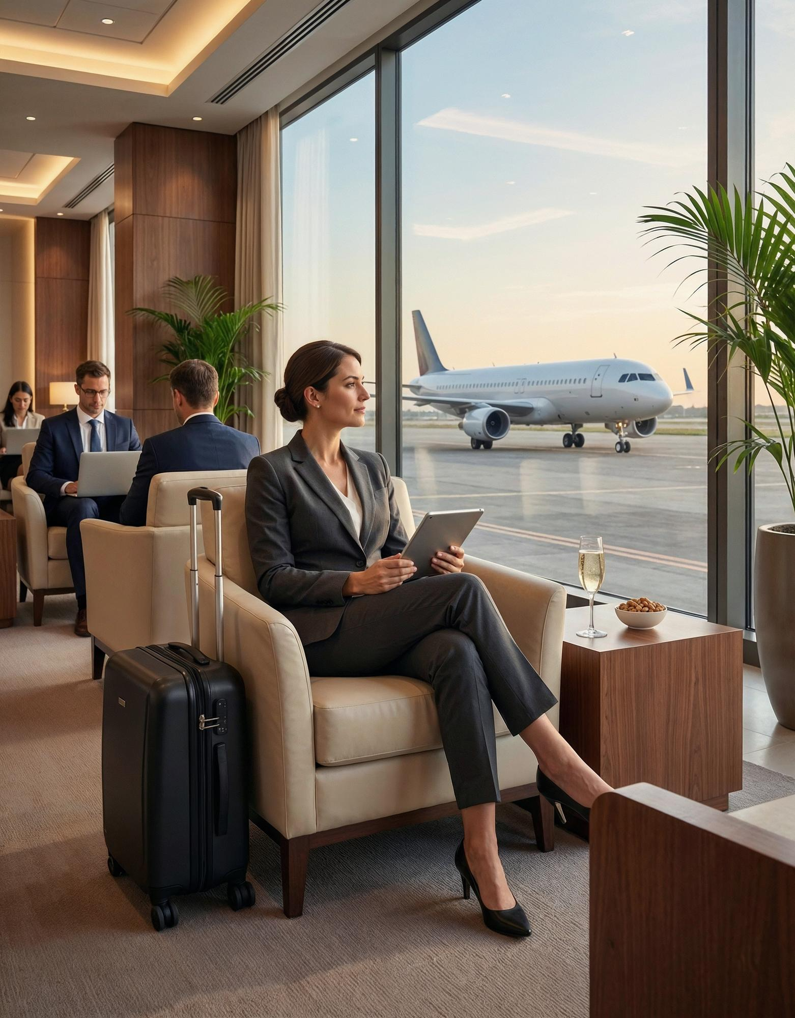 Traveler using a tablet in an airport lounge with a plane visible outside