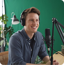 Voice support agent speaking into a microphone