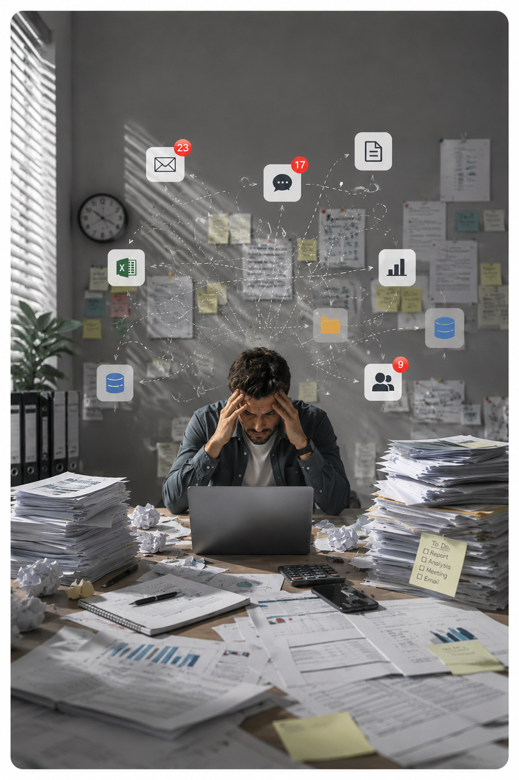 An overwhelmed employee surrounded by paperwork and scattered tools before adopting Vyom-Ni