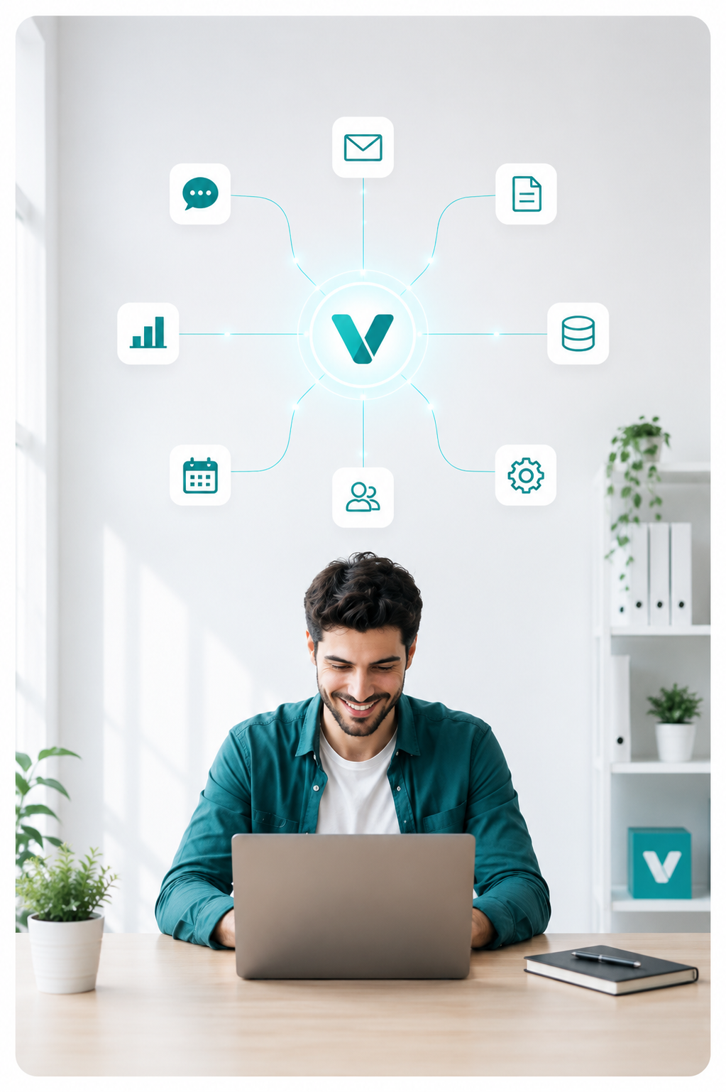 A relaxed employee working smoothly with Vyom-Ni's AI agent connecting all their tools